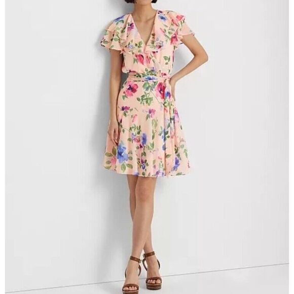 Ralph Lauren Ruffled Floral Fit Flare Pink Belted Georgette Dress Sz 8 Nwt -$165